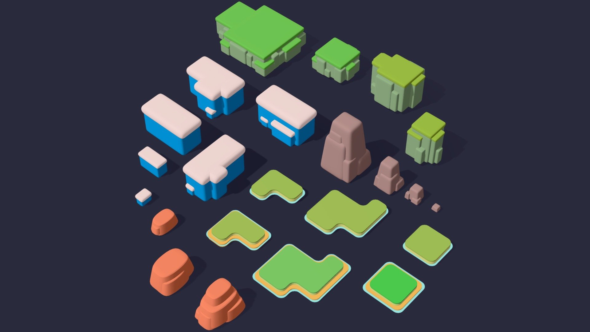 A collection of colorful, stylized 3D models of buildings, rocks, and terrain pieces arranged on a dark background, resembling assets for a game environment.