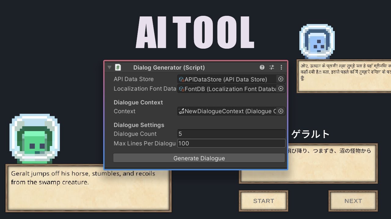AI NPC dialogue system showing interactive conversation interface with branching options and character responses