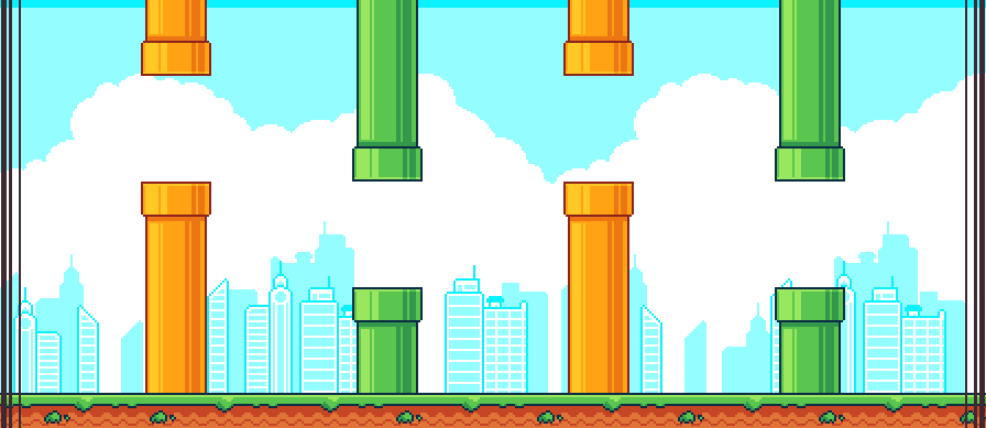 Pixel art assets collection showing Flappy Bird characters, pipes, and environment elements