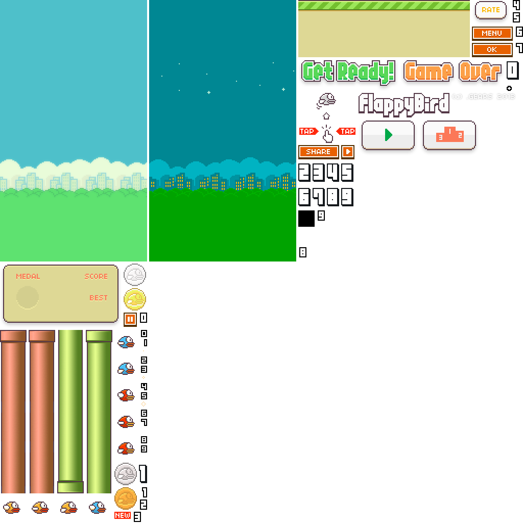 Complete Flappy Bird-style game assets showing characters, UI, and environment elements