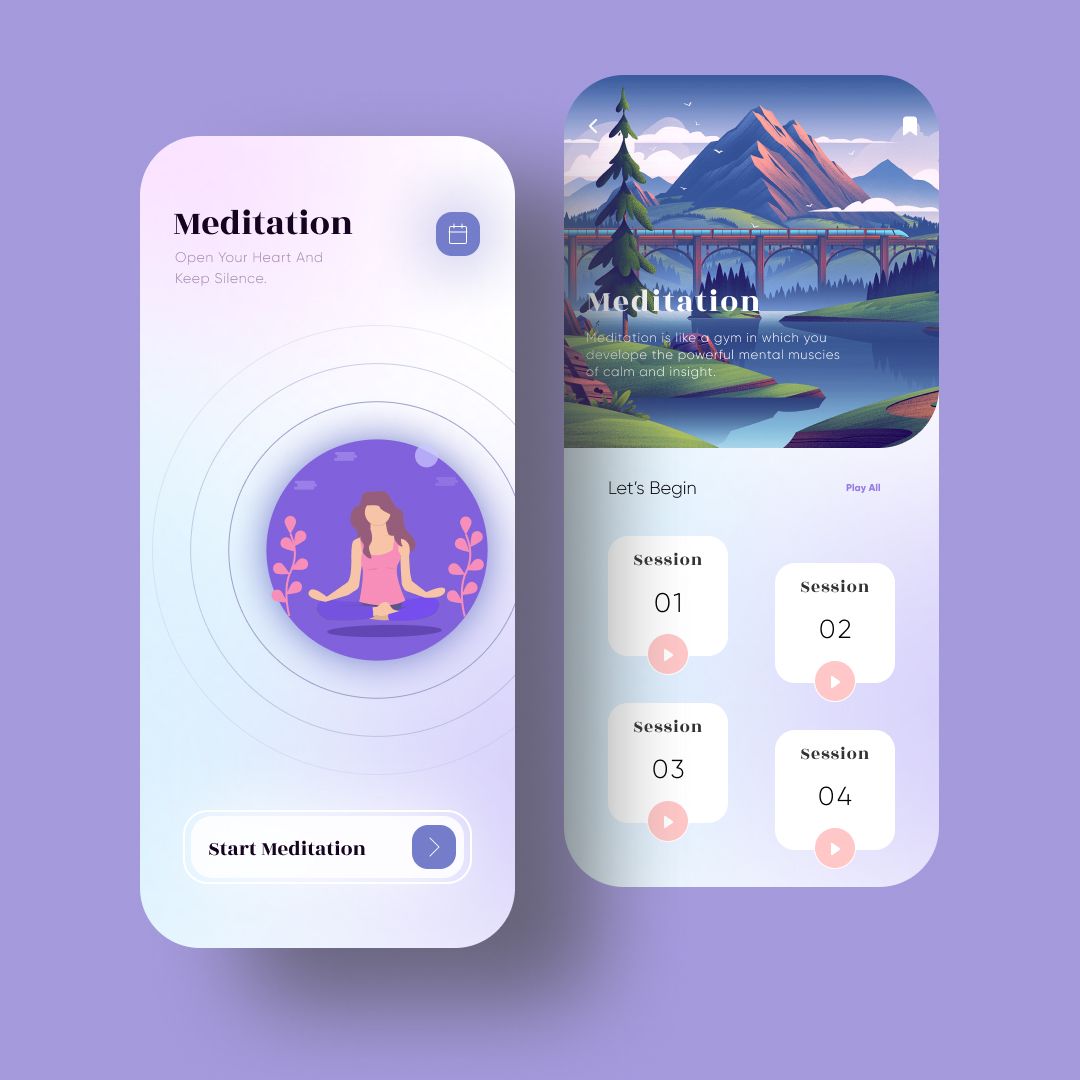 Meditation mindfulness game app interface with calming landscape and session options