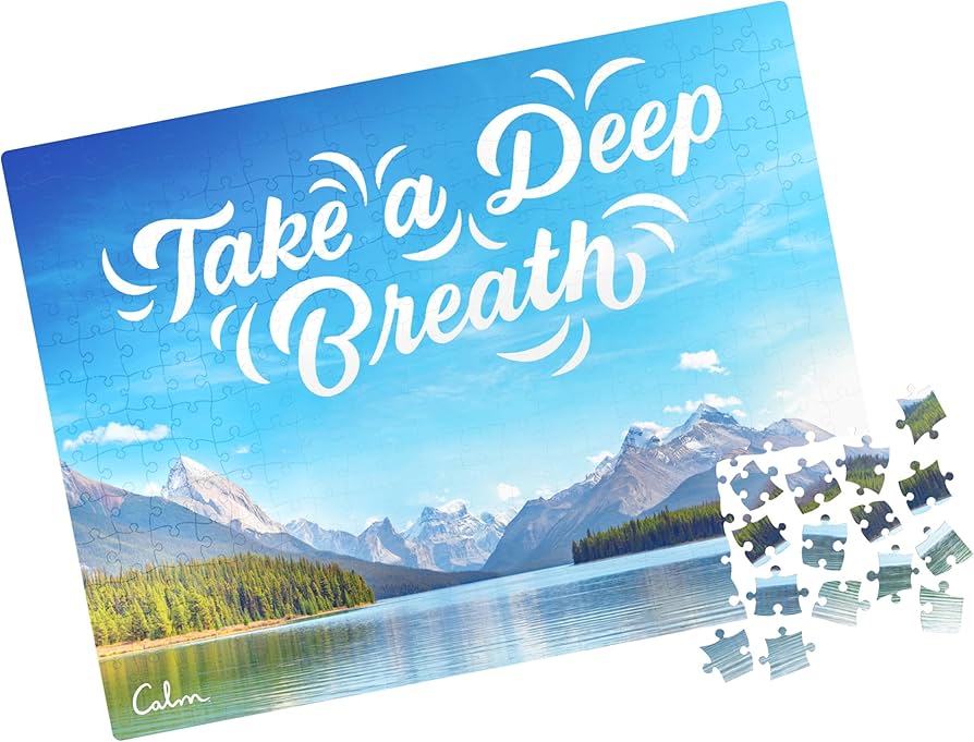 Puzzle game promoting stress relief and mental health with completed landscape image
