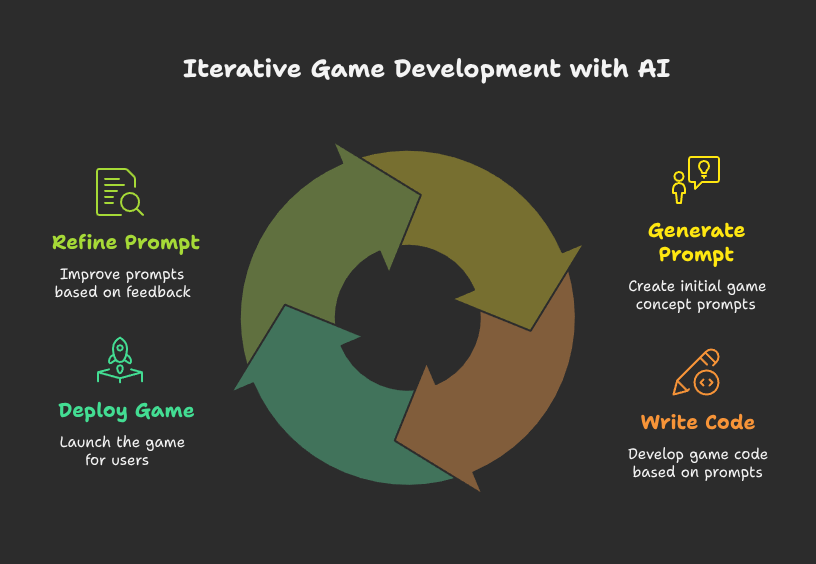 Process diagram showing iterative AI game development cycle: generate prompt, write code, deploy game, refine, repeat