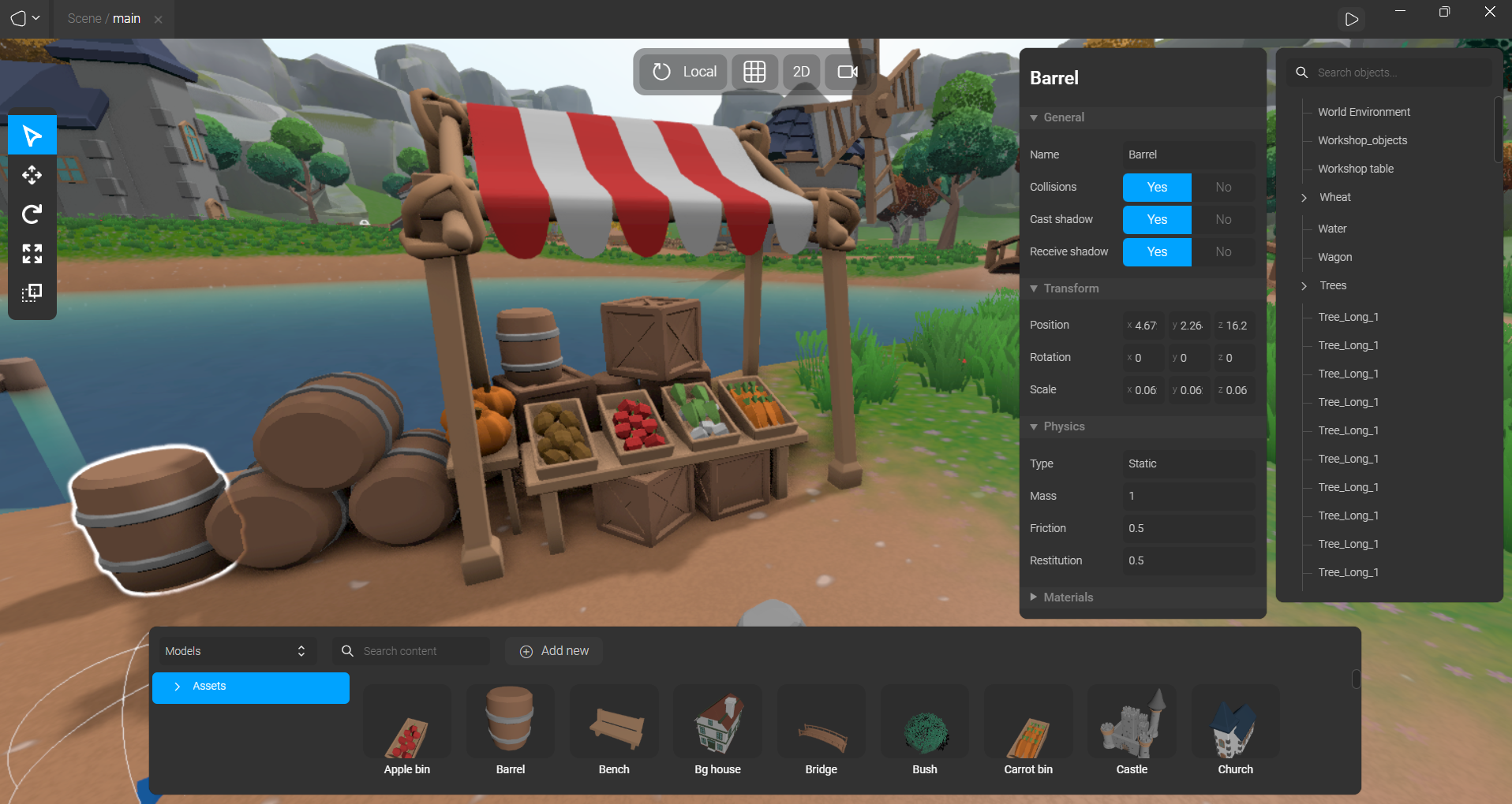 Web-based game maker interface showing colorful 3D marketplace scene