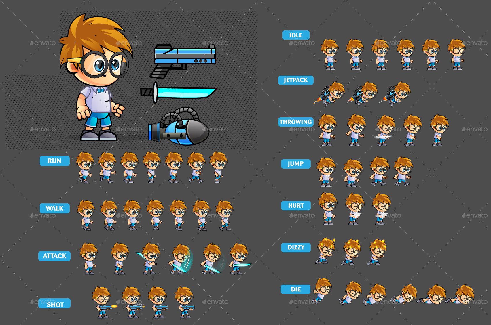 2D game sprite character sheet showing various action poses including running, attacking, jumping, and idle animations
