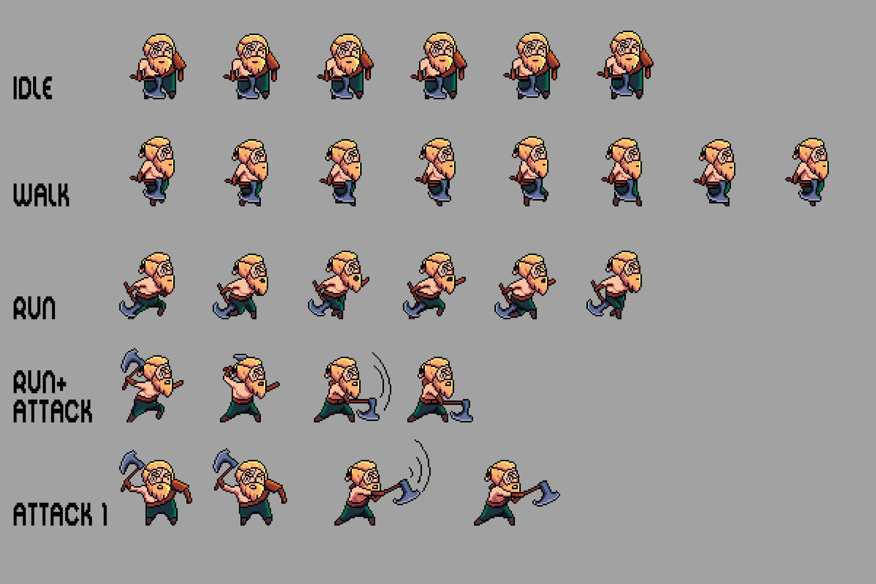 Pixel art character sprite sheet with multiple animation frames