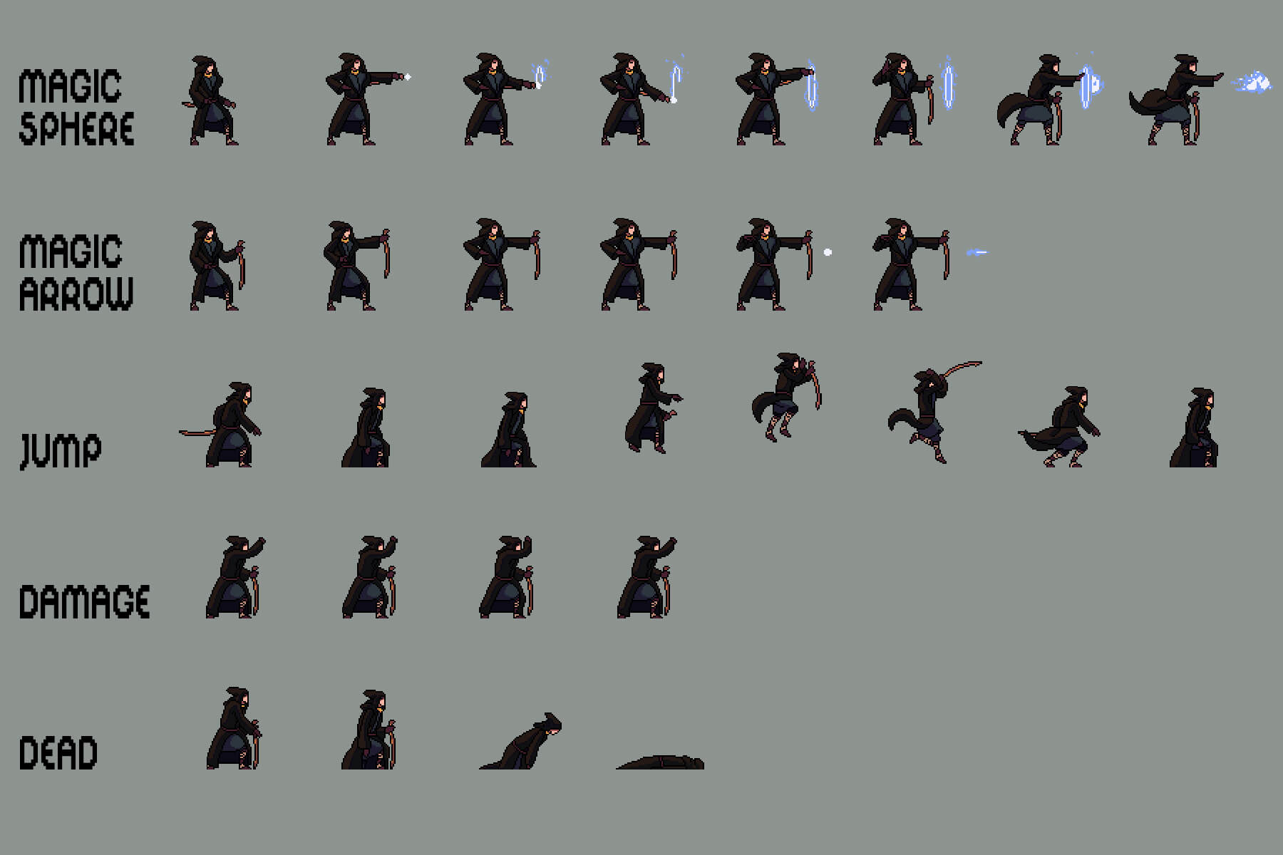 Pixel art sprite sheet showing wizard character animations