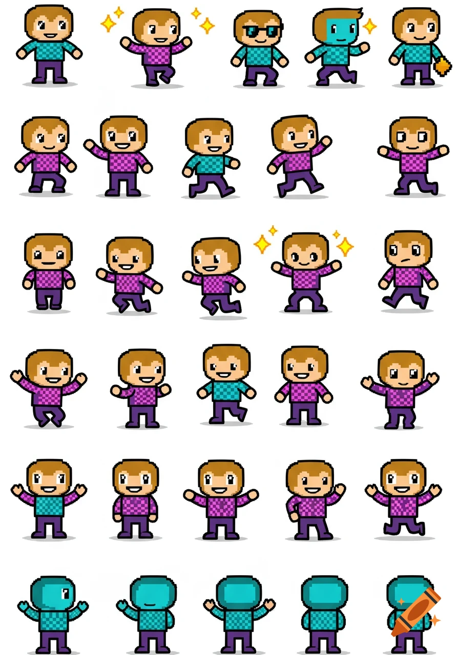 8-bit pixel art character sprites in multiple poses