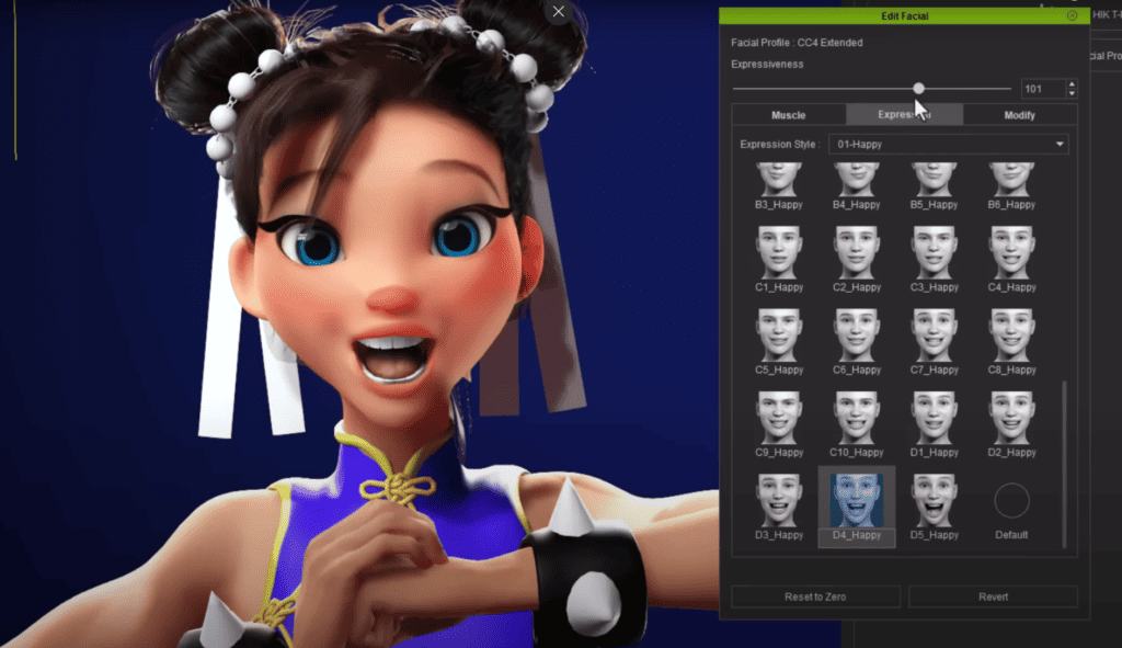 AI 3D character animation with facial expression controls