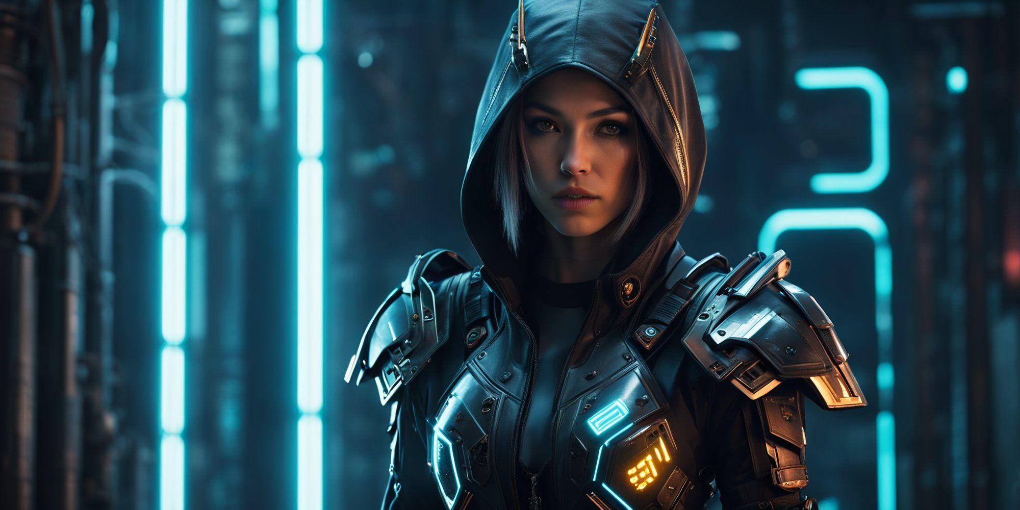 AI-generated character in futuristic armor with detailed cyberpunk aesthetic