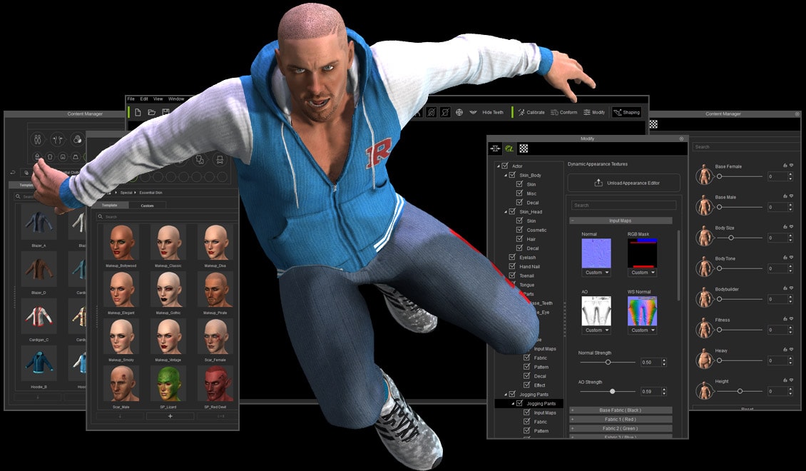3D character customization interface showing detailed modeling options