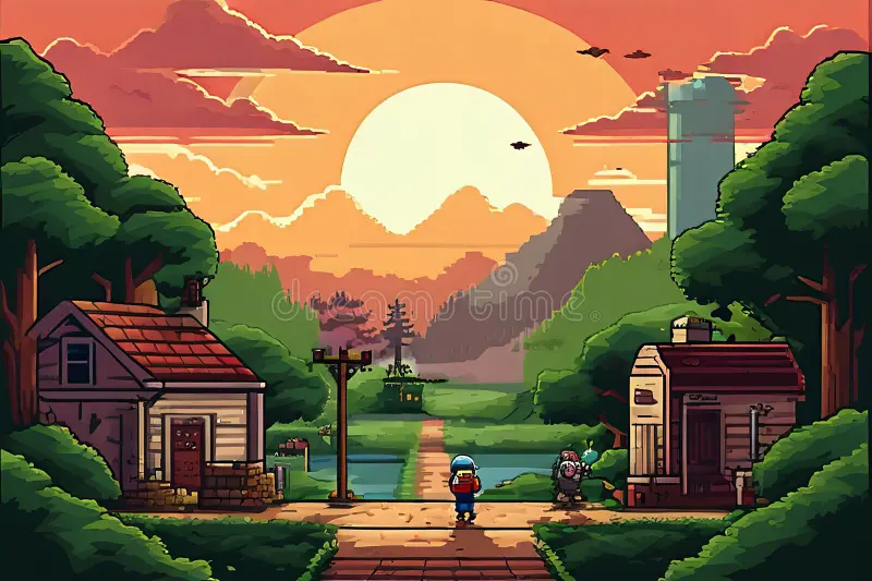 Retro pixel art game scene with platformer elements
