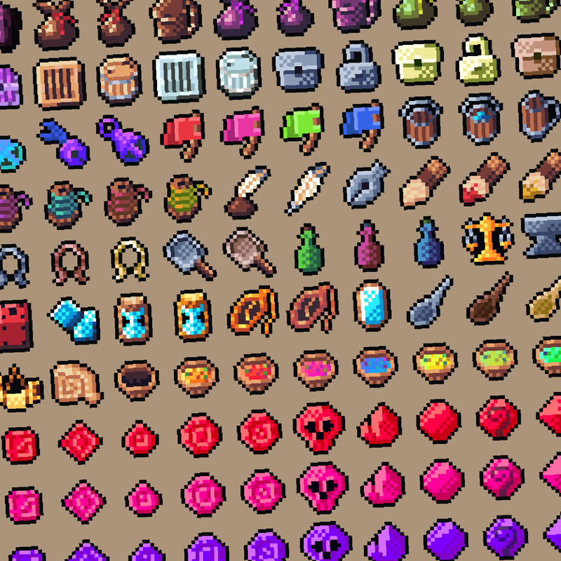 Collection of pixel art game asset icons including potions, weapons, treasures