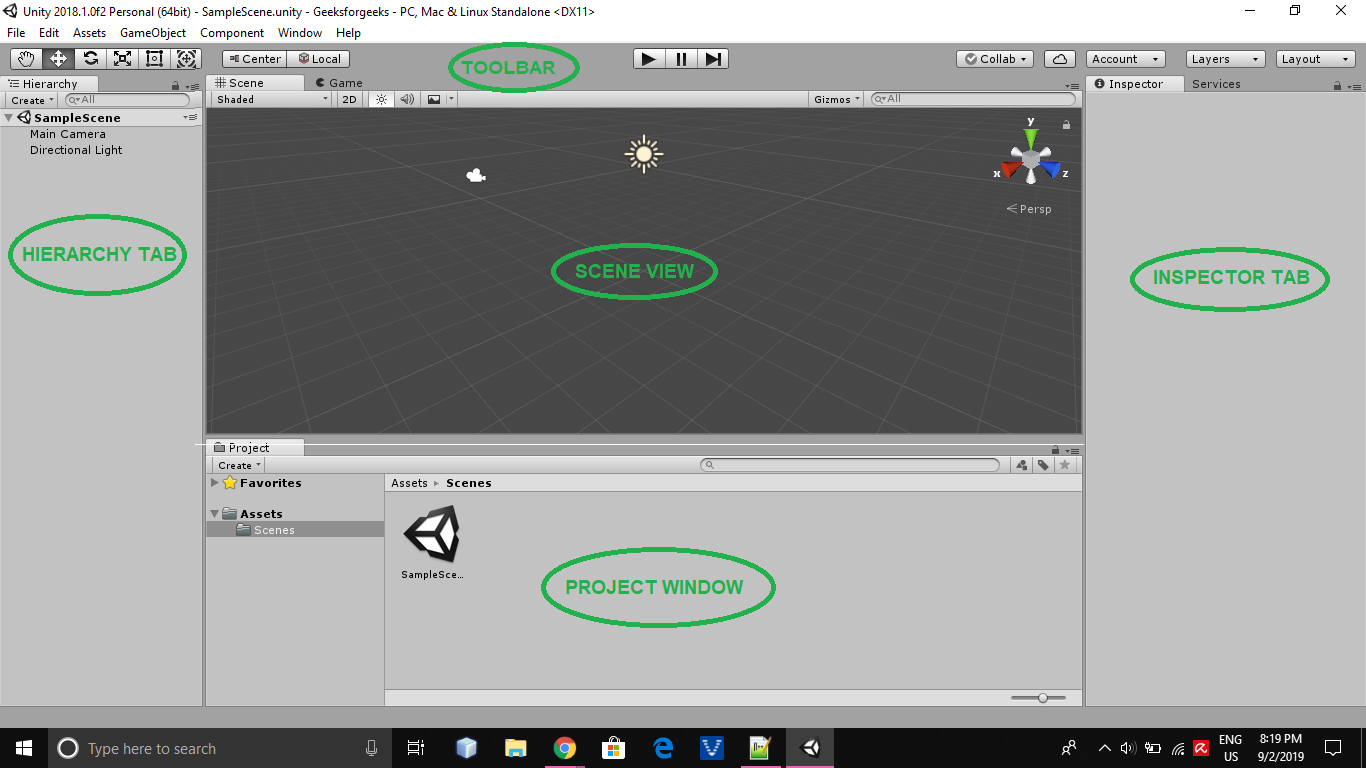 Unity game engine interface