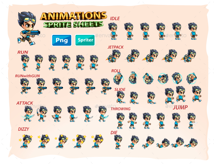 Game character sprite sheet with multiple action poses