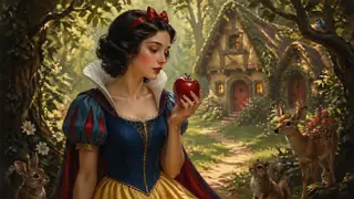 Snow White-inspired fairytale princess holding a red apple in an enchanted forest