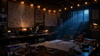 Eerie retro basement investigation room with maps radios and string lights