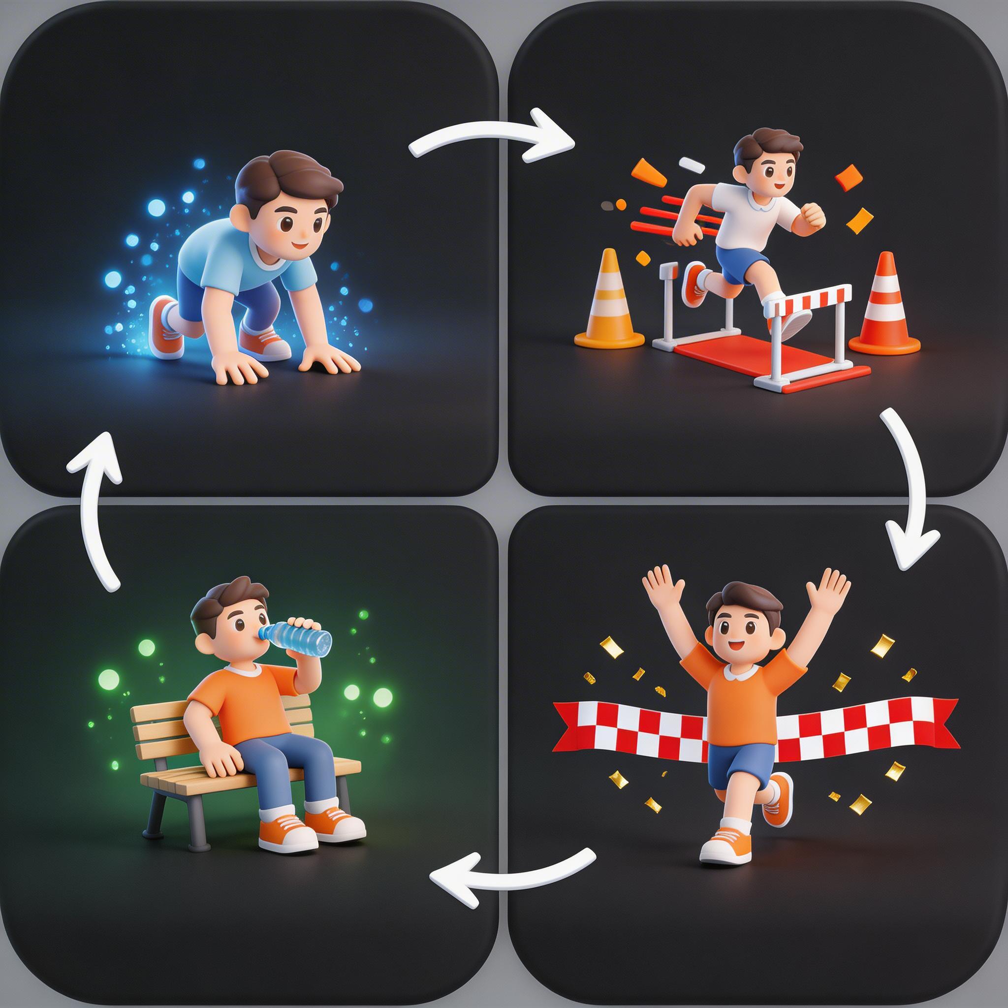 Infographic-style gameplay loop for a party obstacle race game