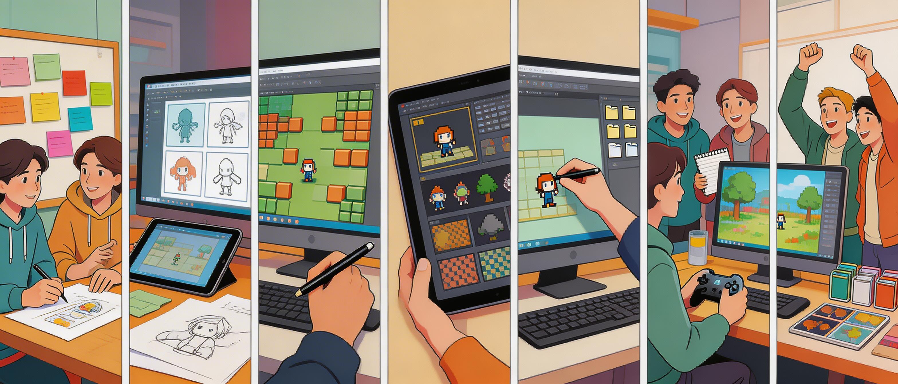 Editorial illustration of a seven day sprint to build a colorful obstacle race browser game