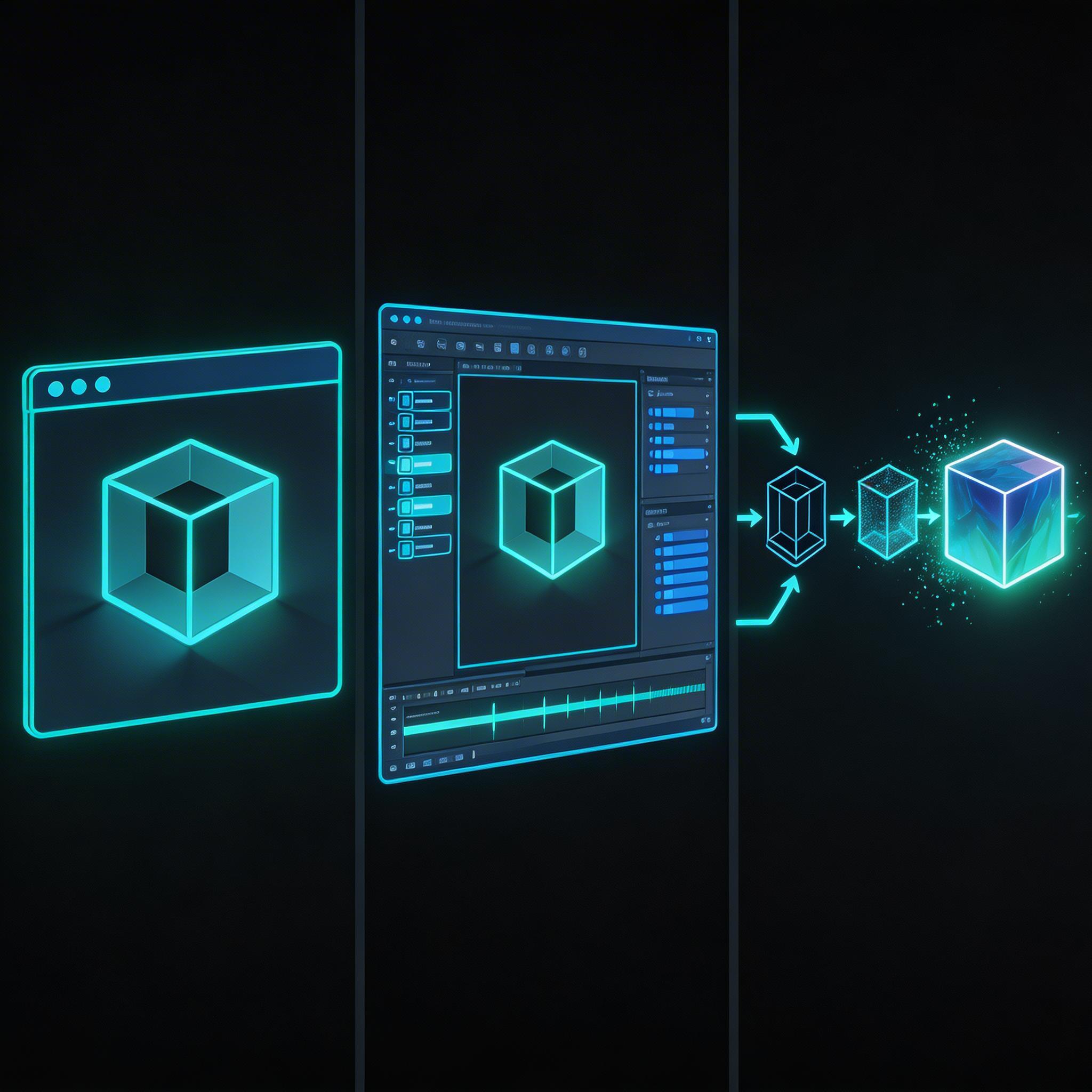 Concept illustration comparing browser prototype, Unity workflow, and AI-assisted game creation stack
