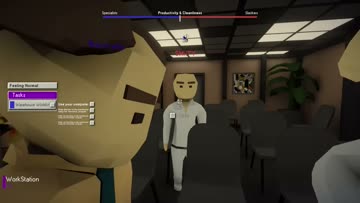 Low-poly office confrontation with coworkers and productivity HUD