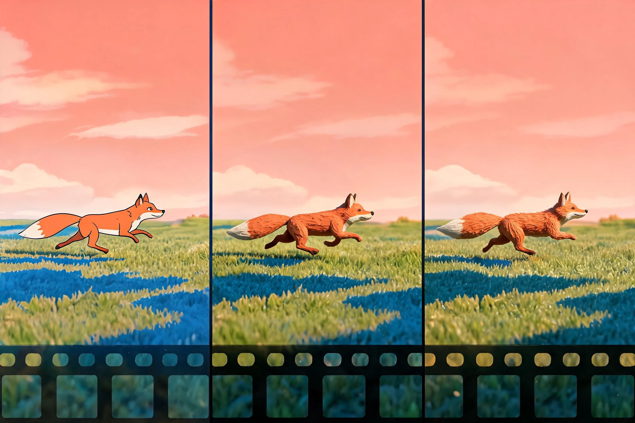 The same running fox transitioning from flat 2D illustration to dimensional 3D animation.
