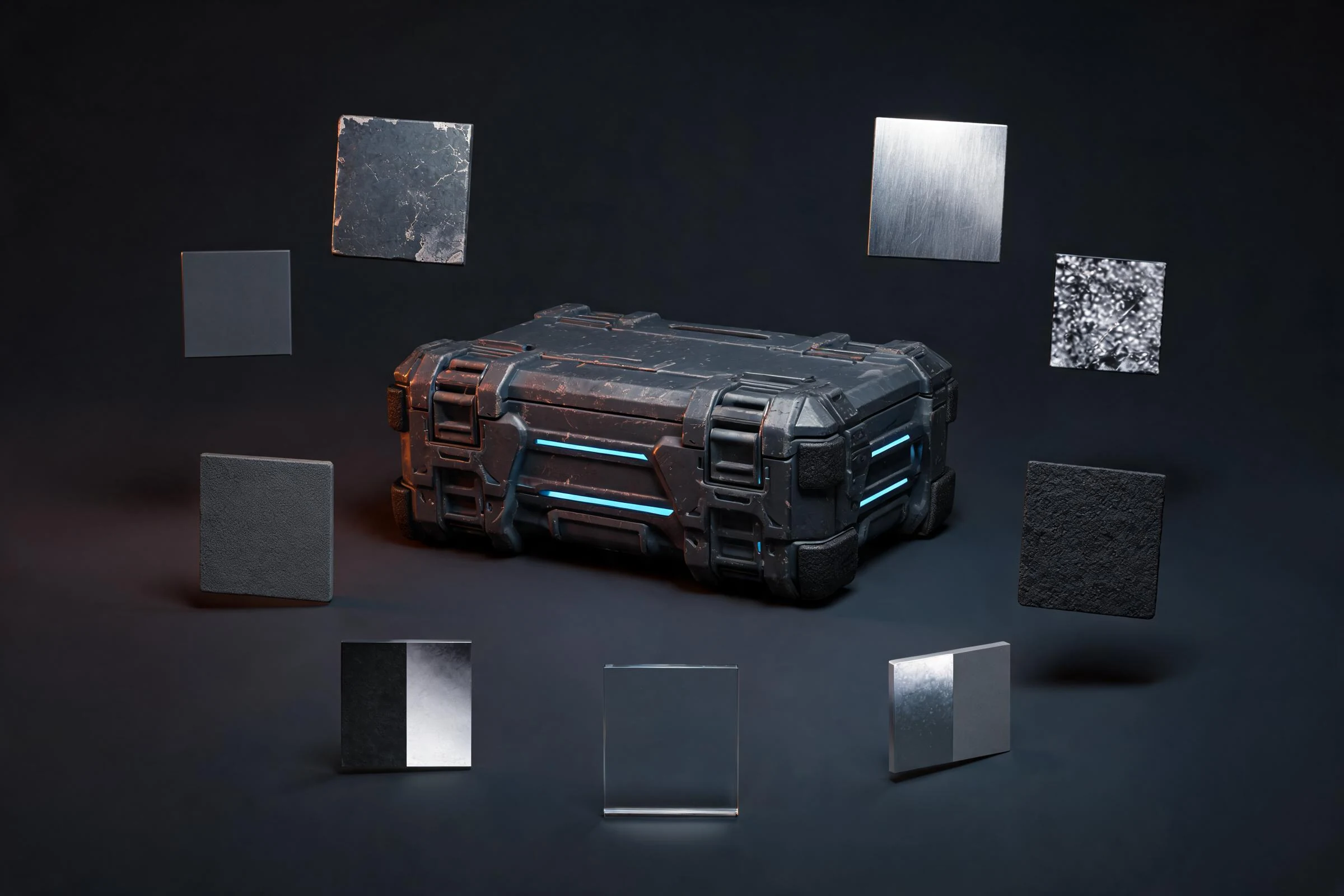A sci-fi crate surrounded by metal, rubber, glass, and roughness material samples.