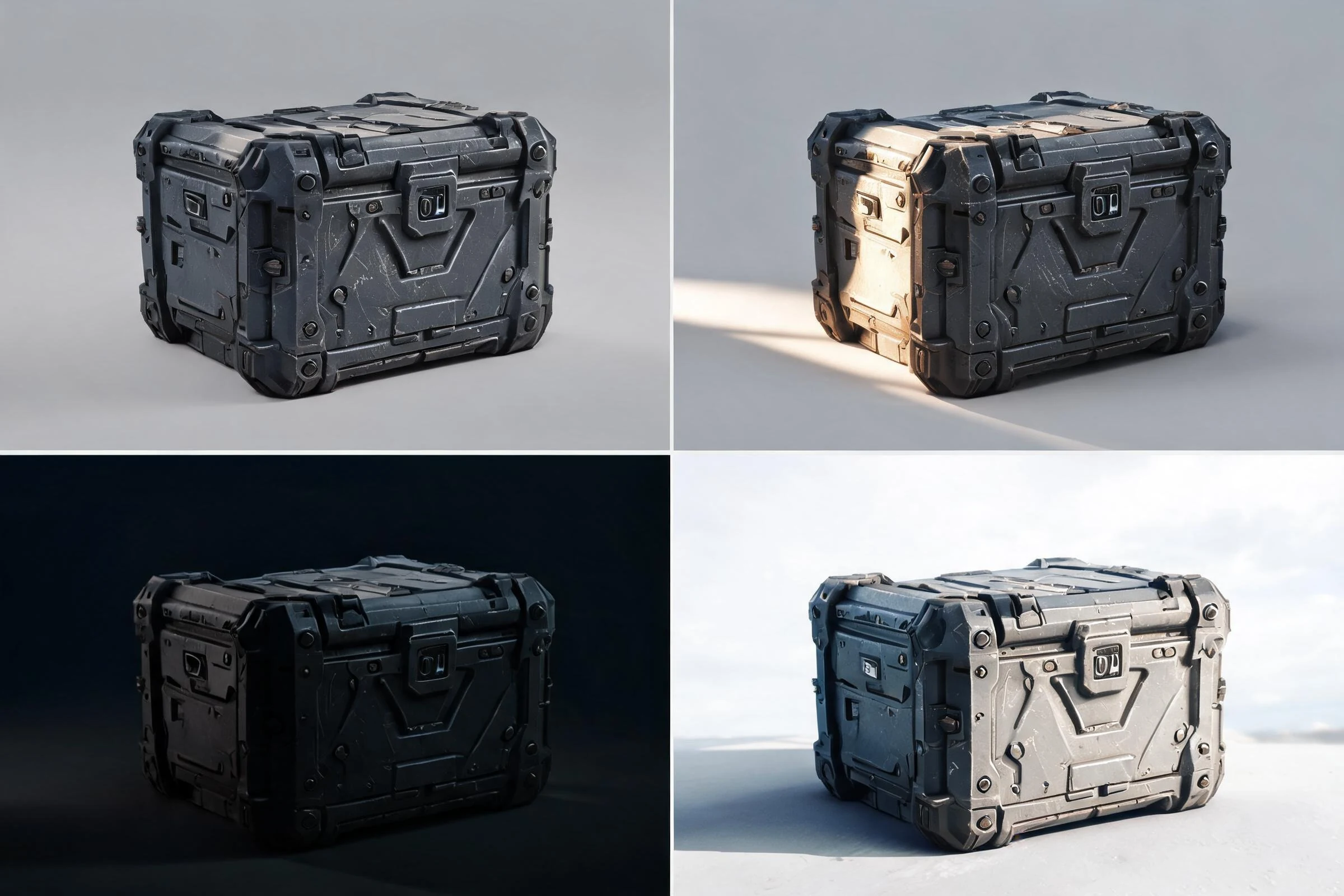 The same PBR-textured game prop tested under four lighting conditions.