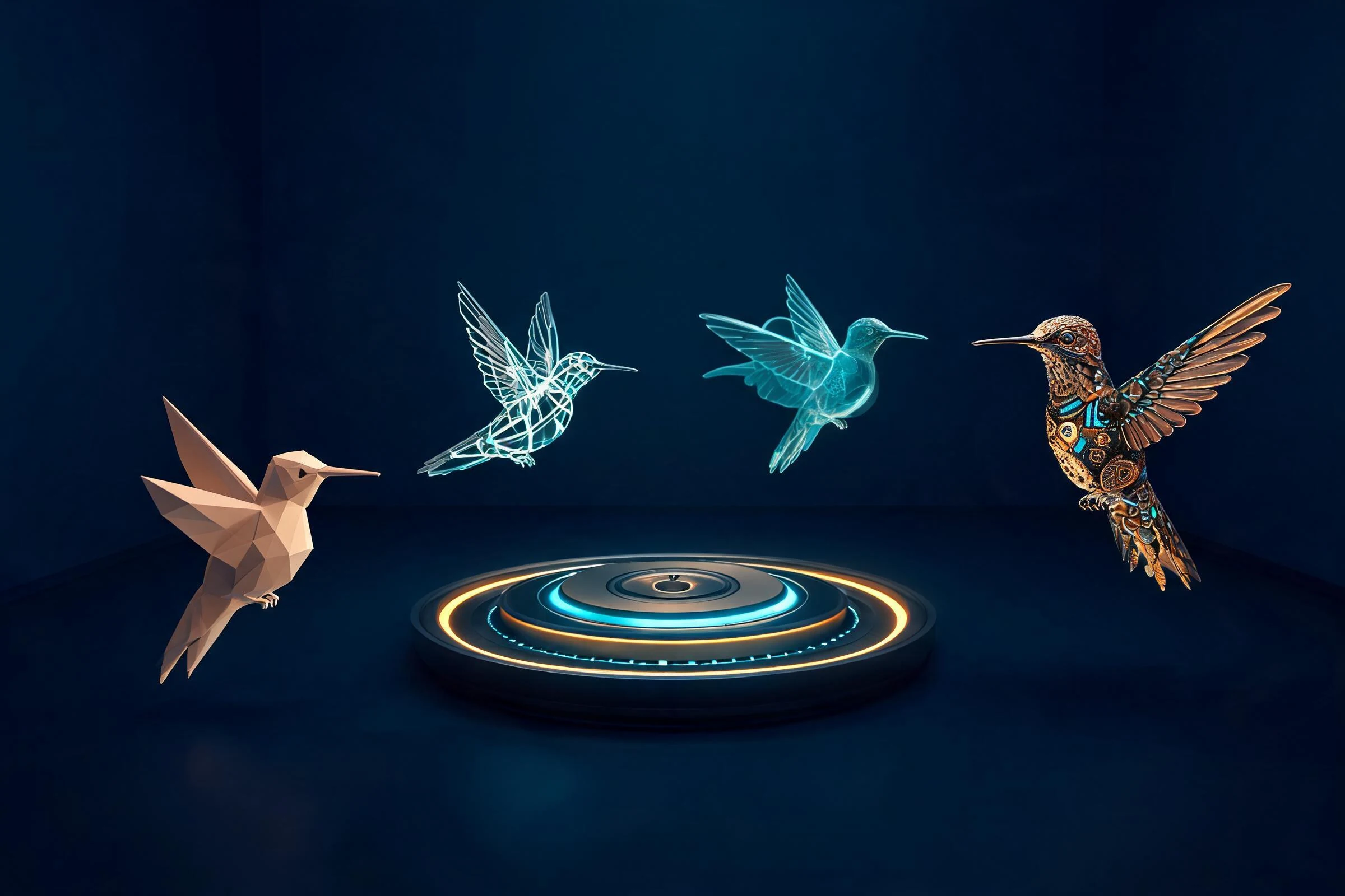 A hummingbird evolving from low-poly model to wireframe, motion study, and final 3D render.
