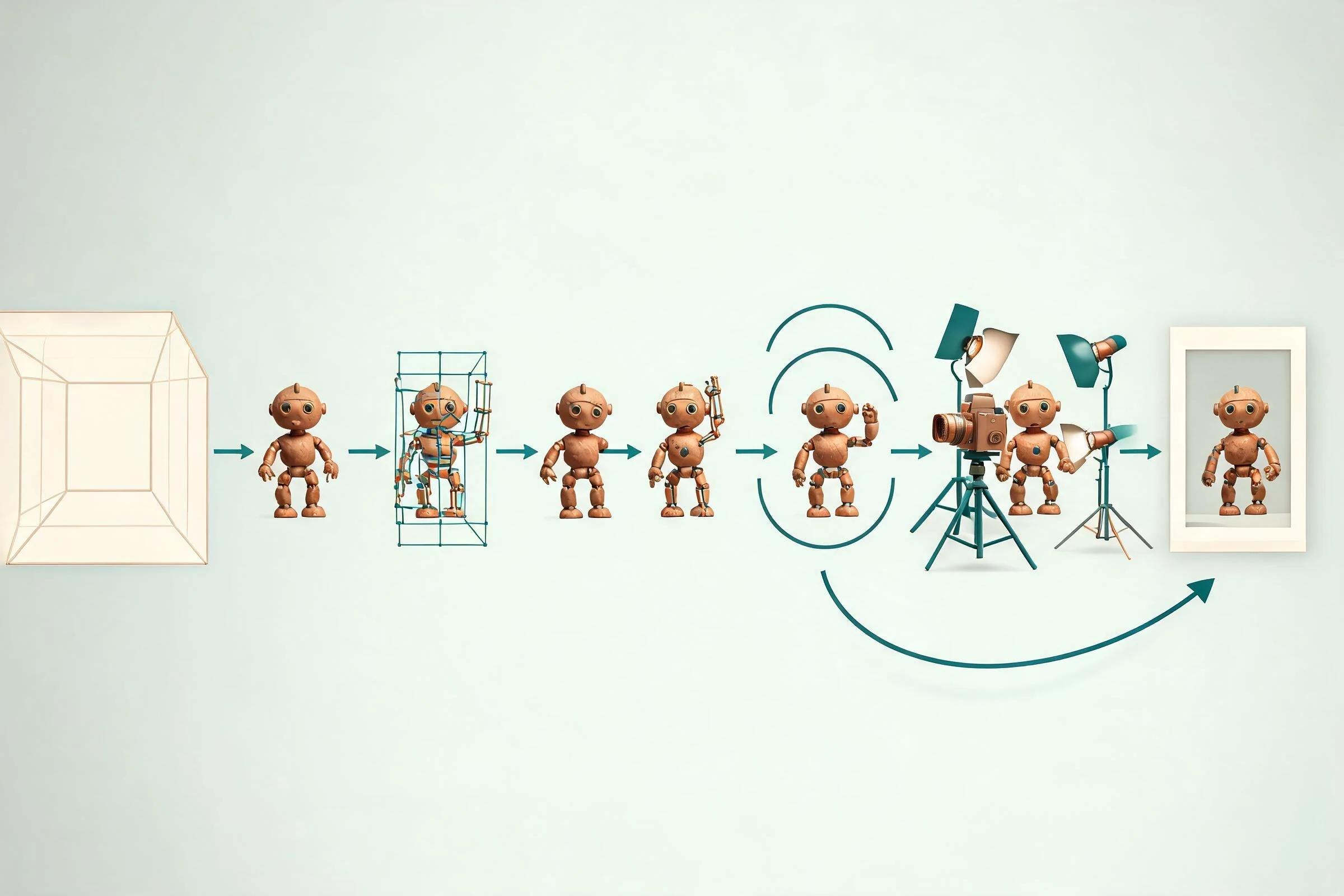 Diagram of the 3D animation workflow from scene setup to reviewed output.