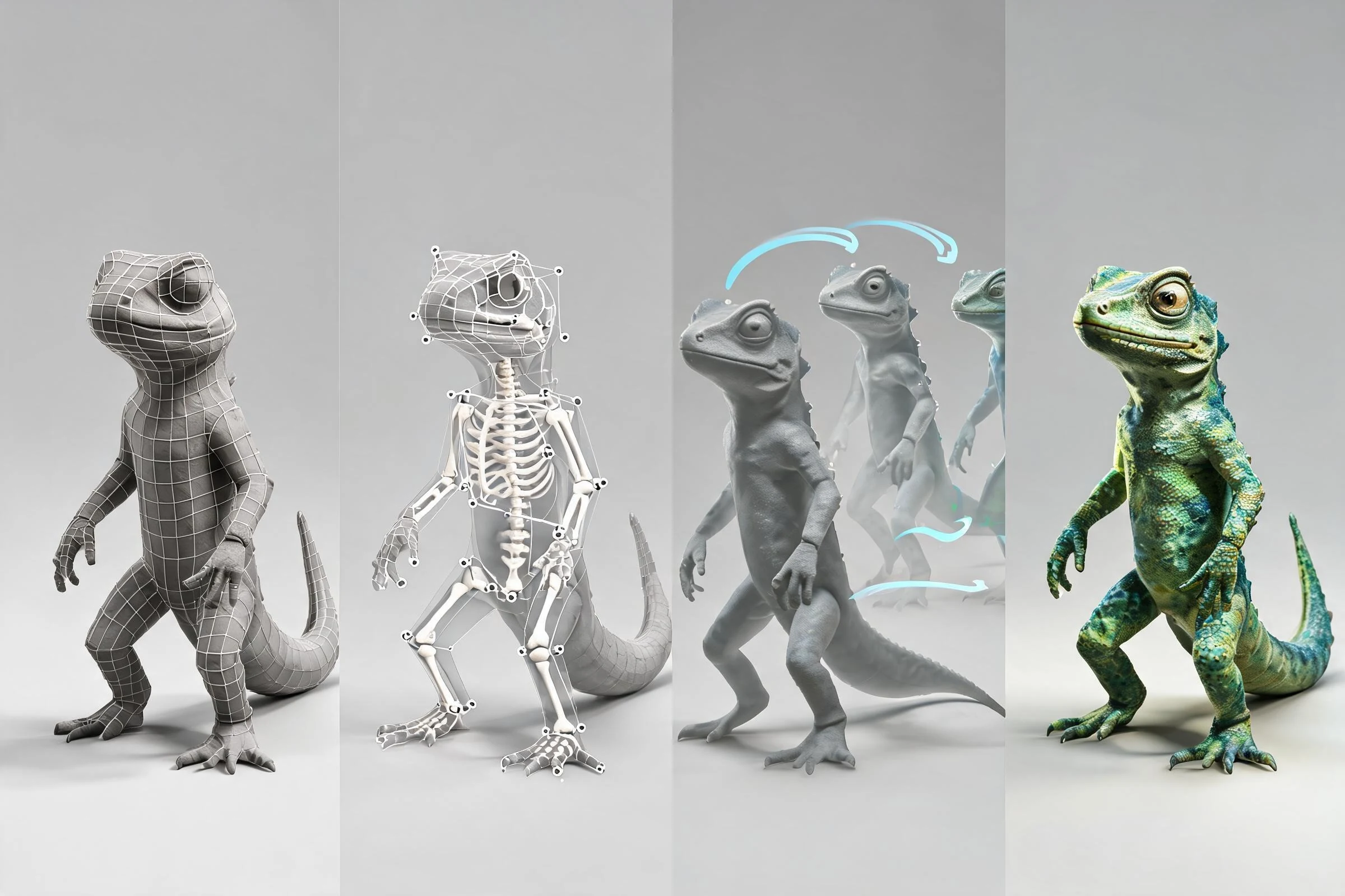 Comparison of modeling, rigging, animation, and rendering roles in a 3D pipeline.