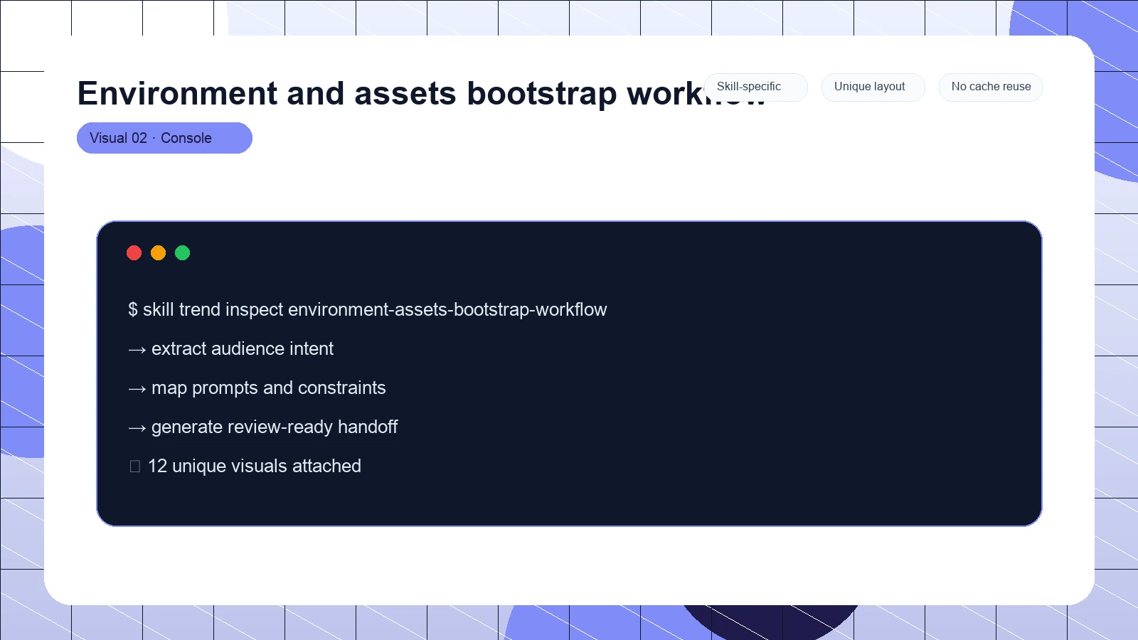 Environment and assets bootstrap workflow distinct visual 2