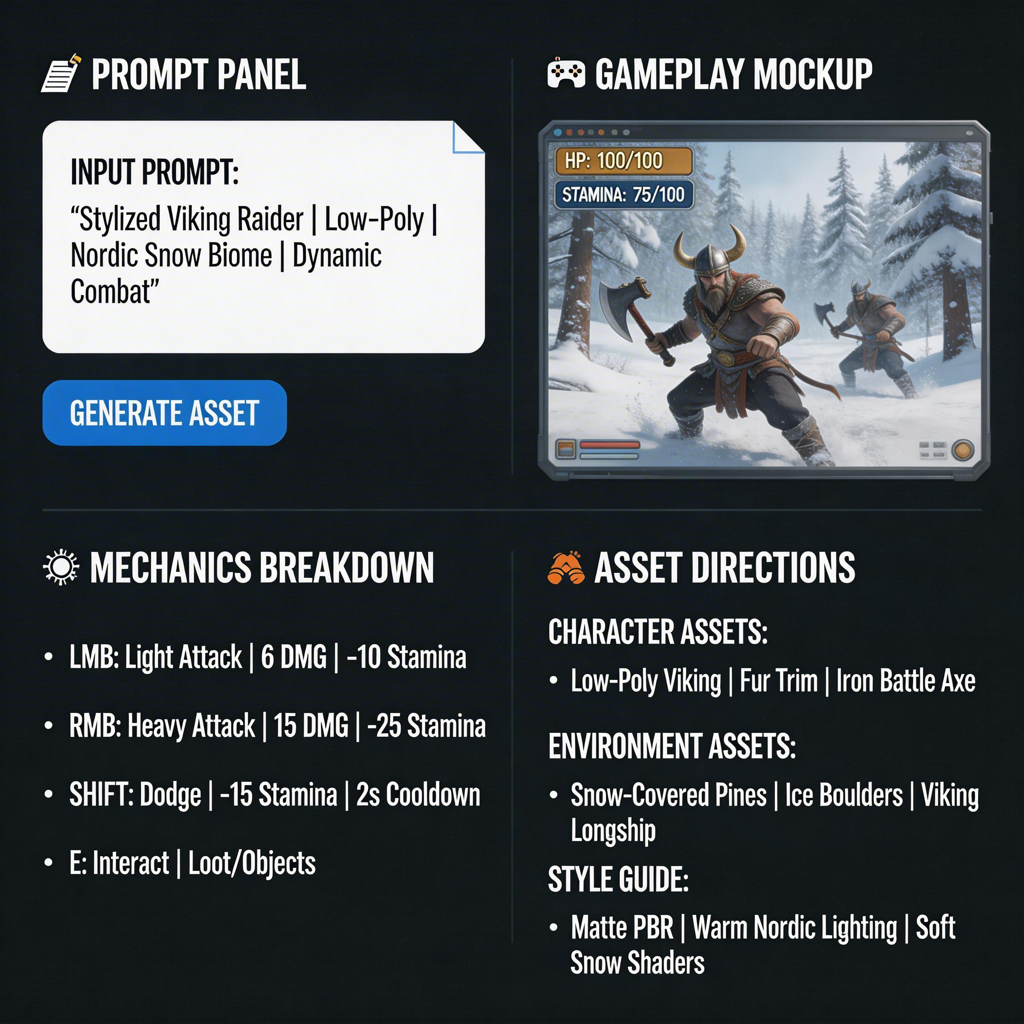 Prompt to Game Engine for Faster Game Concept Translation example output and workflow preview