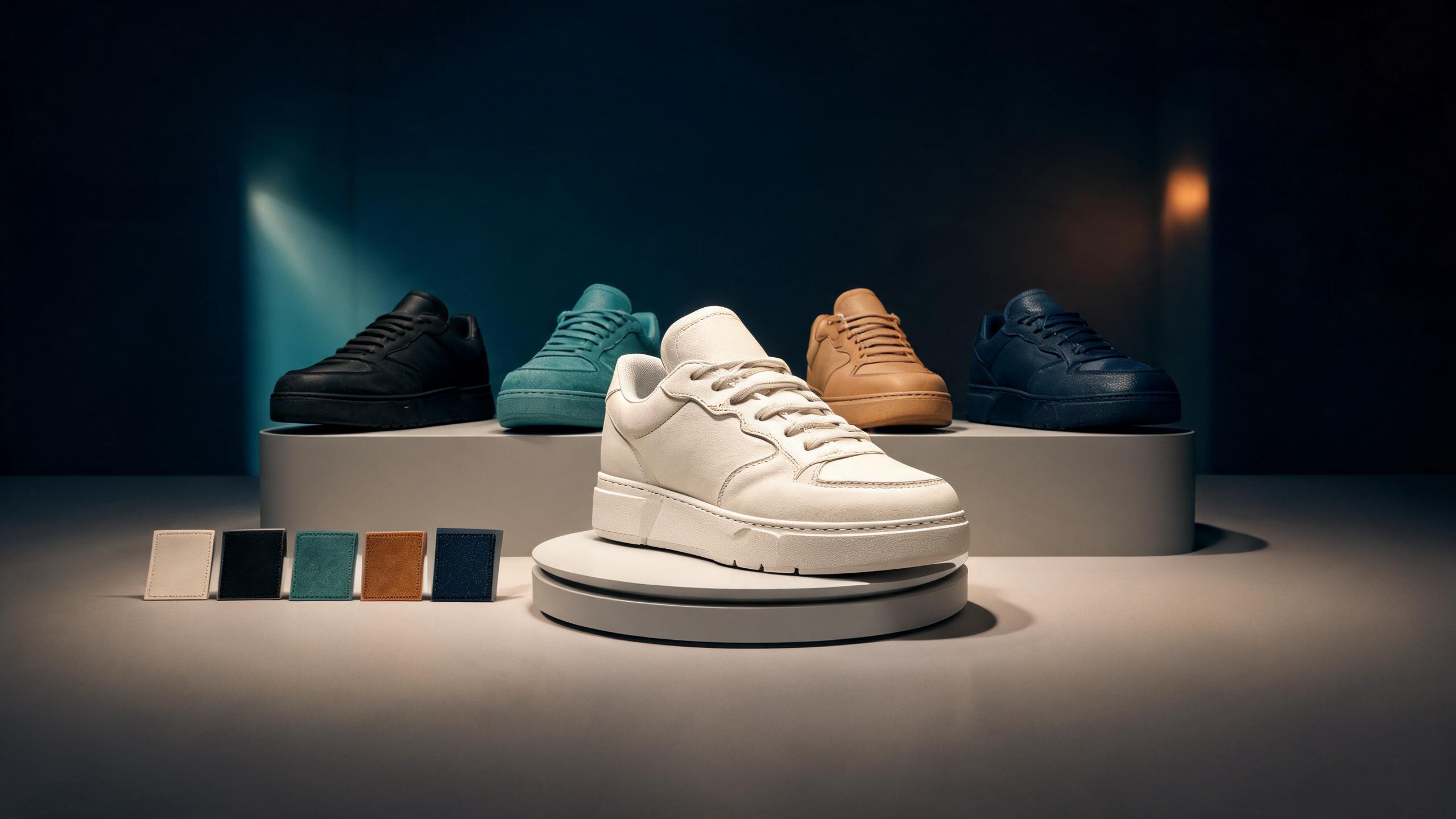Governed footwear asset variants with consistent geometry and material swatches