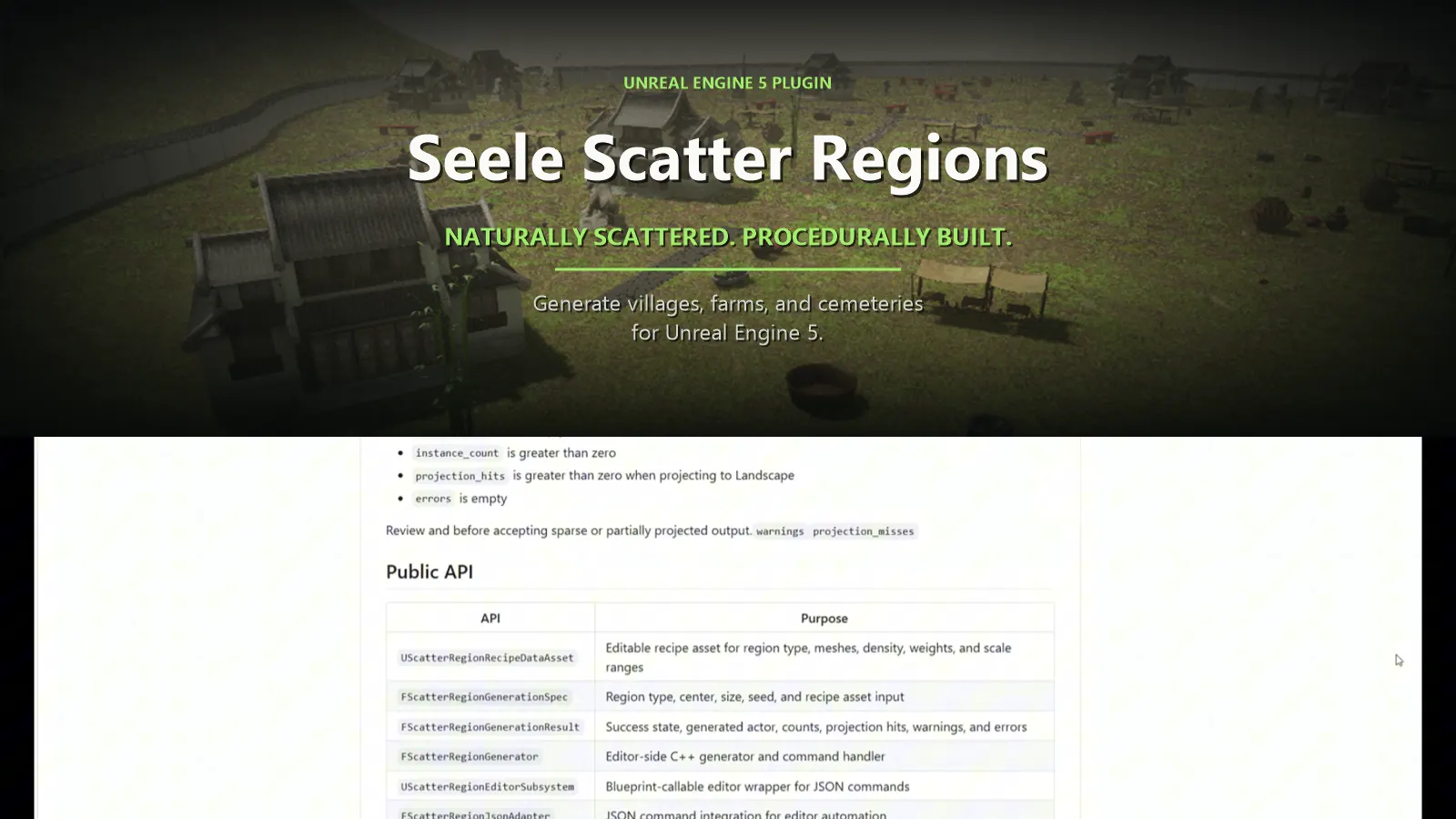 Seele Scatter Regions UE5 plugin banner and public API overview for procedural villages farms and cemeteries