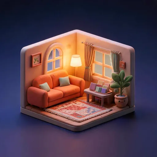Interior design 3D scene preview with a library, lighting, and layered space
